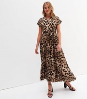 New Look Tall Brown Leopard Print Satin Pleated Midi Wrap Dress
